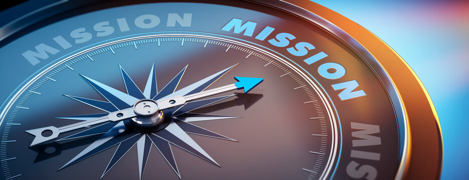 Dark stylish compass with needle pointing to the word mission - 3D illustration