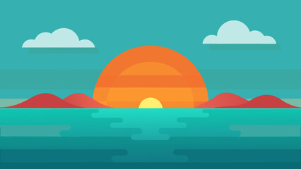Fototapeta premium Flat Vector Sunset Over Turquoise Ocean with a Colorful Horizon