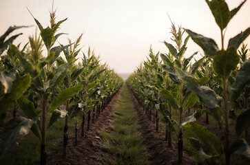 Obraz premium Peaceful Green Field Even Spaced Crop Rows ai generated