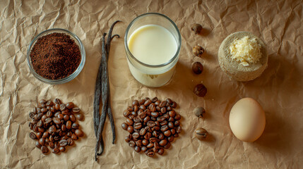Rich coffee grounds, whole beans, aromatic cloves, creamy milk in glass, and fragrant vanilla pods are symmetrically laid out on parchment in soft daylight