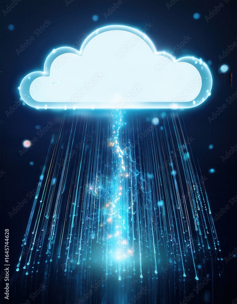 Poster glowing data stream flows from a cloud with raindrops, illuminating the dark surroundings