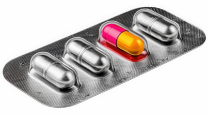 Blister pack with red and blue capsules for pharmaceutical and healthcare industry