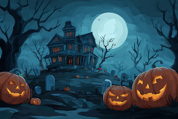 Spooky Halloween scene featuring a haunted house, glowing pumpkins, and eerie tombstones under a full moon