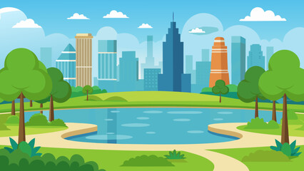 Inviting City Park with Tranquil Pond and Expansive Green Lawn