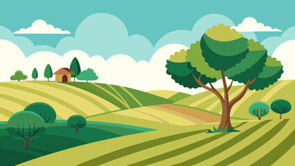 Fototapeta premium Picturesque Rolling Farmland with Graceful Tree Branches Overhead