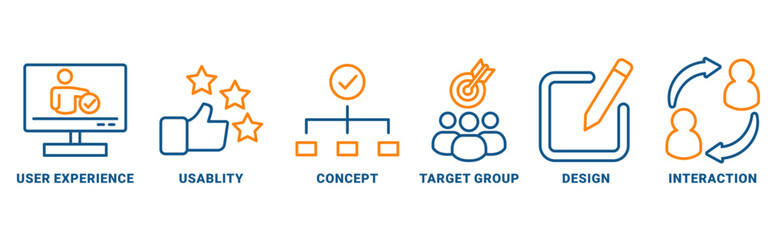 User interface design icon set vector concept with icon of user experience, usability, concept, target group, design, interaction 