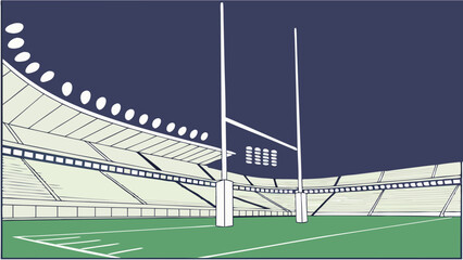 Rugby Stadium Goalposts and Empty Stands at Night.