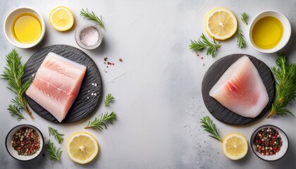 fresh saithe fillet on a textured light background with lemon slices herbs and spices arranged around ample copy space for food promotions