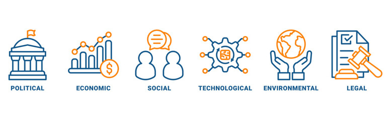 PESTEL icon set vector concept with icon of political, economic, social, technological, environmental, legal 