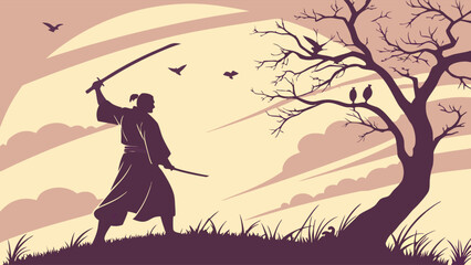 Silhouette of a Samurai Warrior with Katana Swords in a Natural Setting.