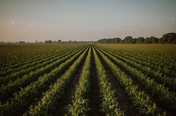Serene agricultural field lines golden hour sunlight ai generated