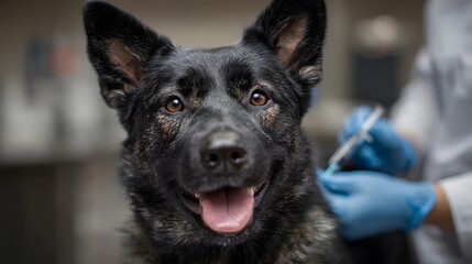 Naklejka premium Friendly dog getting vaccinated at the veterinary clinic
