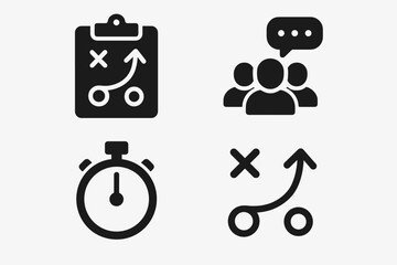 Team strategy icons set – business planning, group collaboration, goal management, simple line style