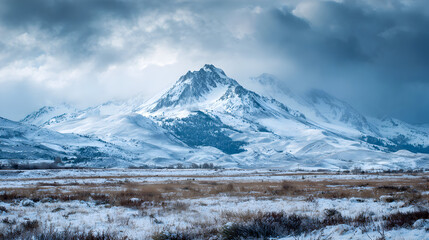 Dramatic winter landscape featuring snow capped mountains under a cloudy sky showcasing nature's majesty and remote wilderness with a serene and wintry scene and cold environment