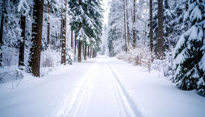 Snowy path through winter forest