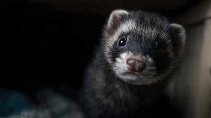 Fototapeta premium Ferret exploring its home environment with a curious alert expression