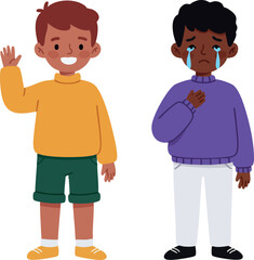 Two boys showing contrasting emotions happy waving and crying sadness feelings illustration vector 