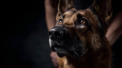 Close up portrait of a German shepherd dog in focused professional training lighting