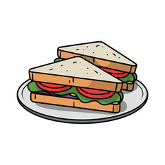 Two triangle sandwiches with vegetables on a plate cartoon illustration