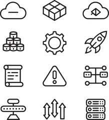 Cloud data storage server network gear warning scroll rocket vector