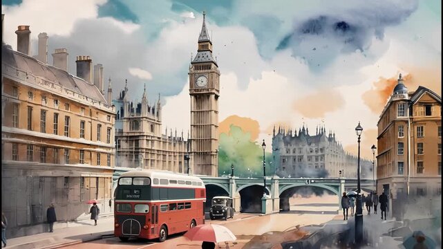 Classic London street scene with Big Ben and red bus. Anime digital painting with watercolor textures.