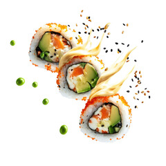Fresh Sushi Rolls with Avocado and Salmon, Topped with Spicy Sauce, Perfect for Japanese Cuisine Lovers on transparent background