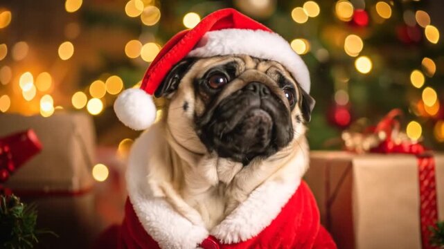 Santa pug with gifts