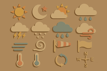 Weather icon collection – climate conditions, forecast symbols, meteorology elements, simple line style