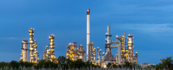 Oil and gas refinery plant at night, Global business energy logistic transportation, Oil and gas refinery petrochemical industrial, Petrochemical refinery industrial energy supply chain.