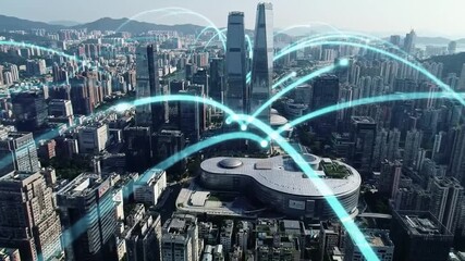 Modern cityscape with vibrant digital network connections illustrating global communication and data flow. - Powered by Adobe