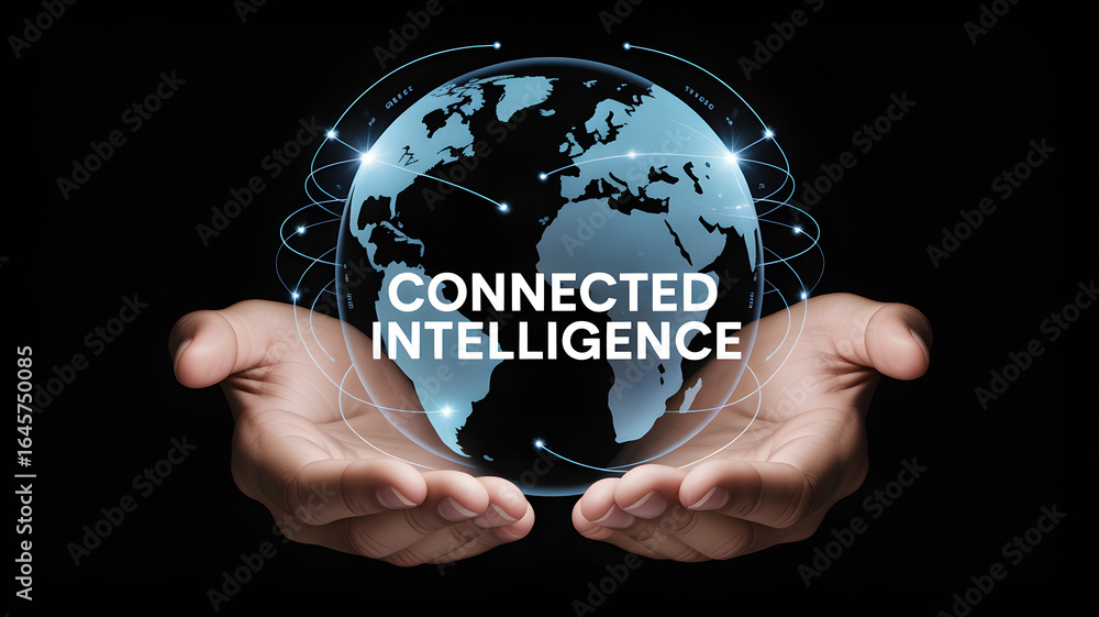 Poster global network of connected intelligence held in open hands