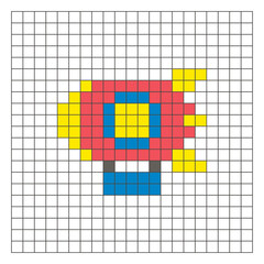 A flat pixel design made of geometric square color blocks on a clean grid layout. Pixel art zeppelin © Adpragus