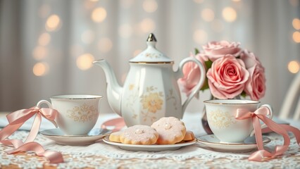 Fototapeta premium Elegant afternoon tea. A classic tea set with pink roses and cookies arranged for an elegant afternoon tea party.