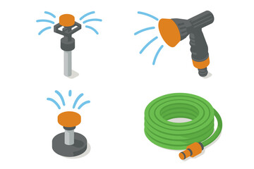 Garden irrigation icons set &ndash; watering system, lawn care, gardening tools, simple line style