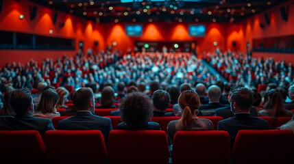 Audience sitting in a theater with red seats and lights watching a show or presentation onstage