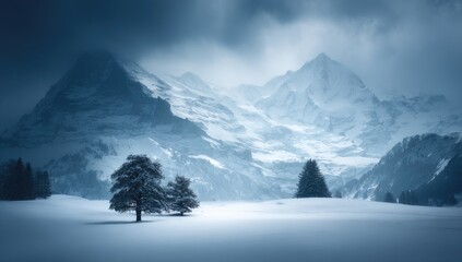 Obraz premium Snowy mountain range with dark trees. Vast, icy landscape under a dramatic sky