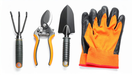 arranged on a pristine white background are four distinct items. first, a small garden hand rake with three tines and a ridged handle is to the left