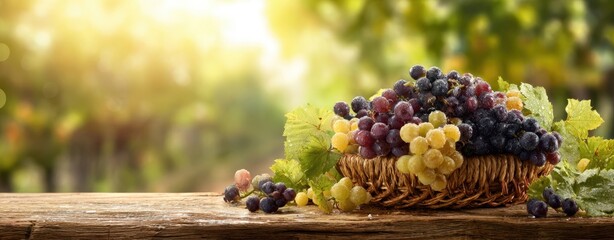 The Basket of Grapes on a Rustic Wooden Table in Sunlight