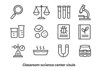 Classroom science center visuals: magnifying glass, microscope, beakers, magnet, test tubes
