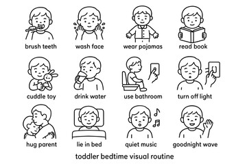Toddler bedtime routine with cute cartoon images for daily activities