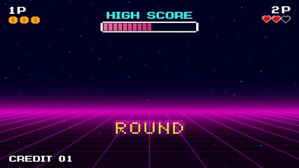 Bonus text effects. pixel art .8 bit game. retro game. for game assets. Retro Futurism Sci-Fi Background. glowing neon grid. and stars from vintage arcade computer games - Powered by Adobe