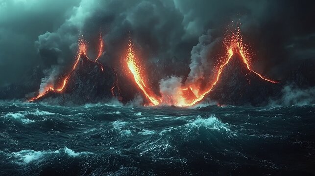 Glowing volcanic rock cooling rapidly the ocean steam rising as lava meets water creating dramatic and powerful contrasts in nature - Powered by Adobe