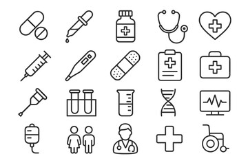 Medical icons set &ndash; healthcare, hospital equipment, treatment symbols, simple line style