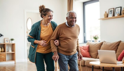 Caregiver assisting senior man. A female home care provider cheerfully helps a smiling elderly man with a walking cane in the living room of his house or nursing home.