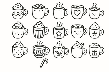 Obraz premium Set of cute hand-drawn hot chocolate cups with marshmallows and whipped cream