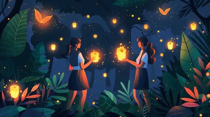 vector flat magical eco-festival where villagers exchange glowing trace tokens for wishes, cinematic allegorical tone