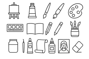 Art supplies icons: easel, paint, brushes, palette, canvas, drawing tools, pencils