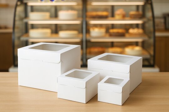 Clean white bakery boxes with window stand on a wooden table. Display case with cakes and pastries blurs in the background.