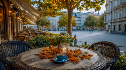 Fototapeta premium Cozy outdoor cafe scene with a wooden table adorned with autumn leaves, a blue cup of coffee, and warm ambient lighting creating a welcoming fall atmosphere