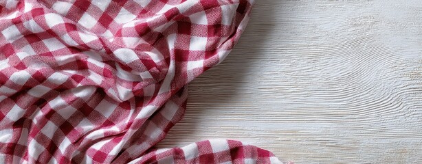 Fototapeta premium The Red Checkered Cloth Resting on a Light Wooden Table Surface